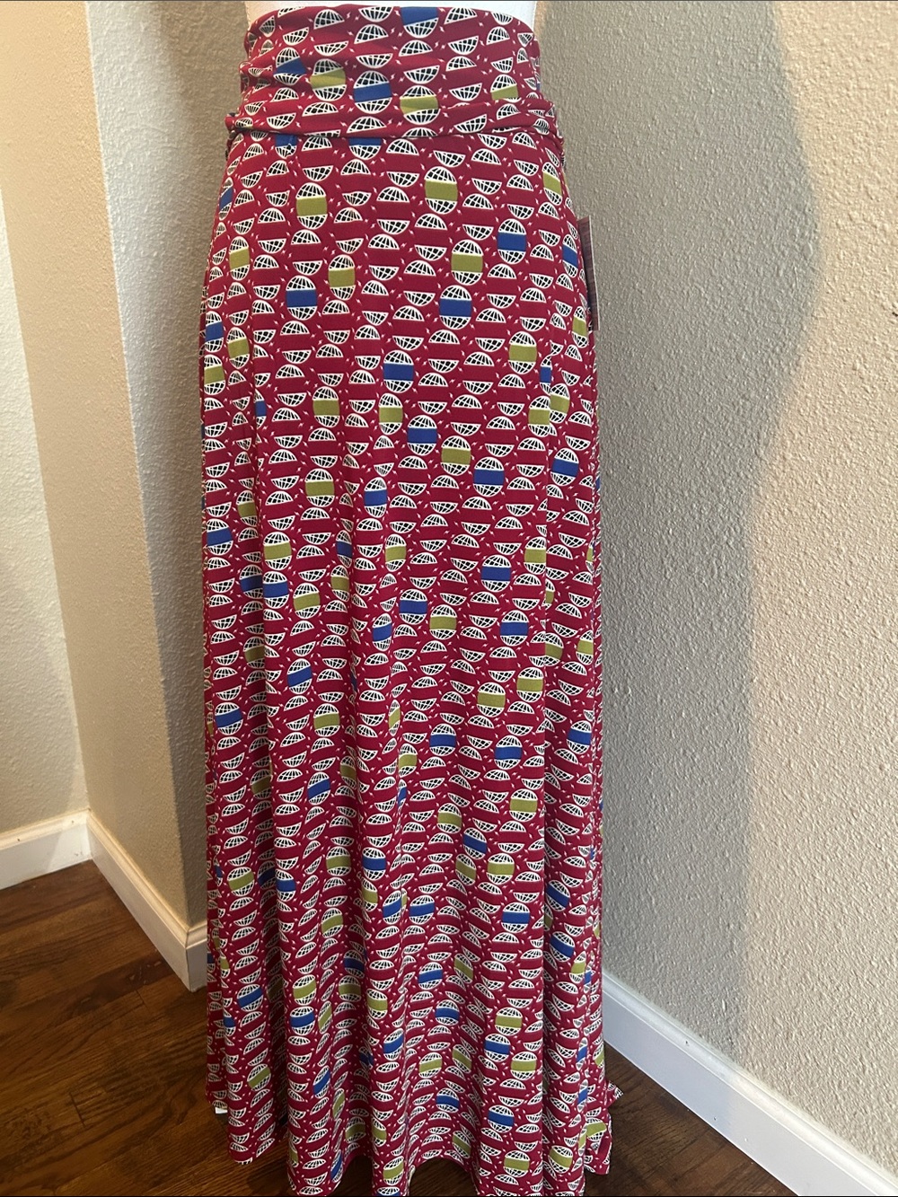 LuLaRoe Red Maxi Skirt with Multicolor Geometric Print
